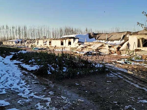 养殖棚被大雪压倒维修前